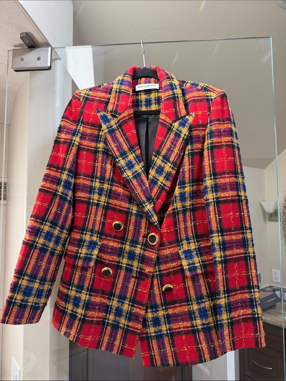 Amanda Uprichard Red Yellow and Blue Plaid Double-Breasted Blazer